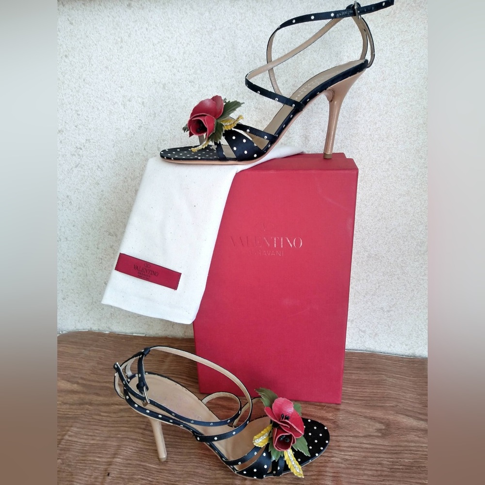 Valentino Garavani Black Polka Dot Heels with Floral Accent